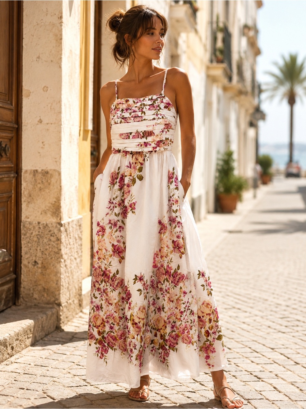 🩵STATE White Maxi Dress with Pink and Gold Floral Print🪻🌸